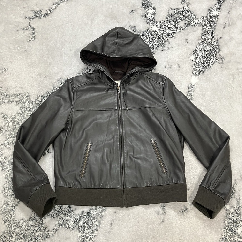 Halogen Women's XL Genuine Leather Hooded Bomber Jacket Brown Zip Front Coat